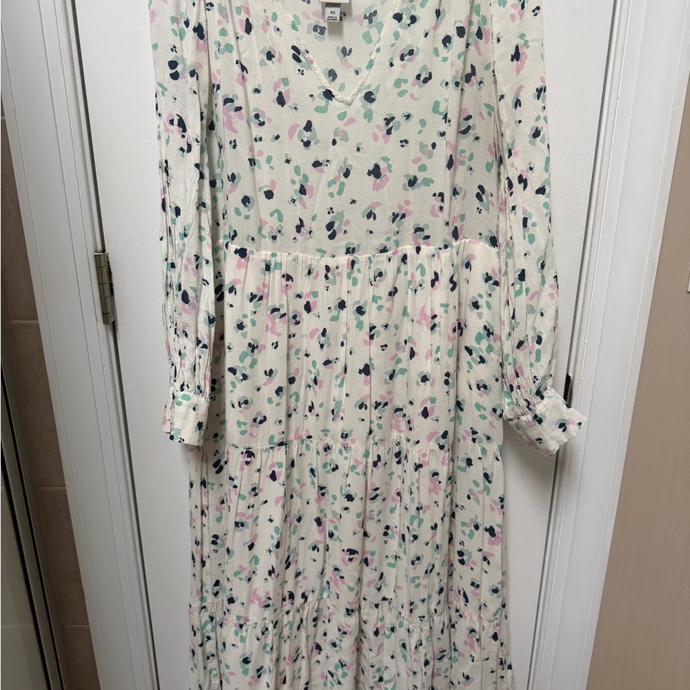 Floral Print White Long Sleeve Midi Dress